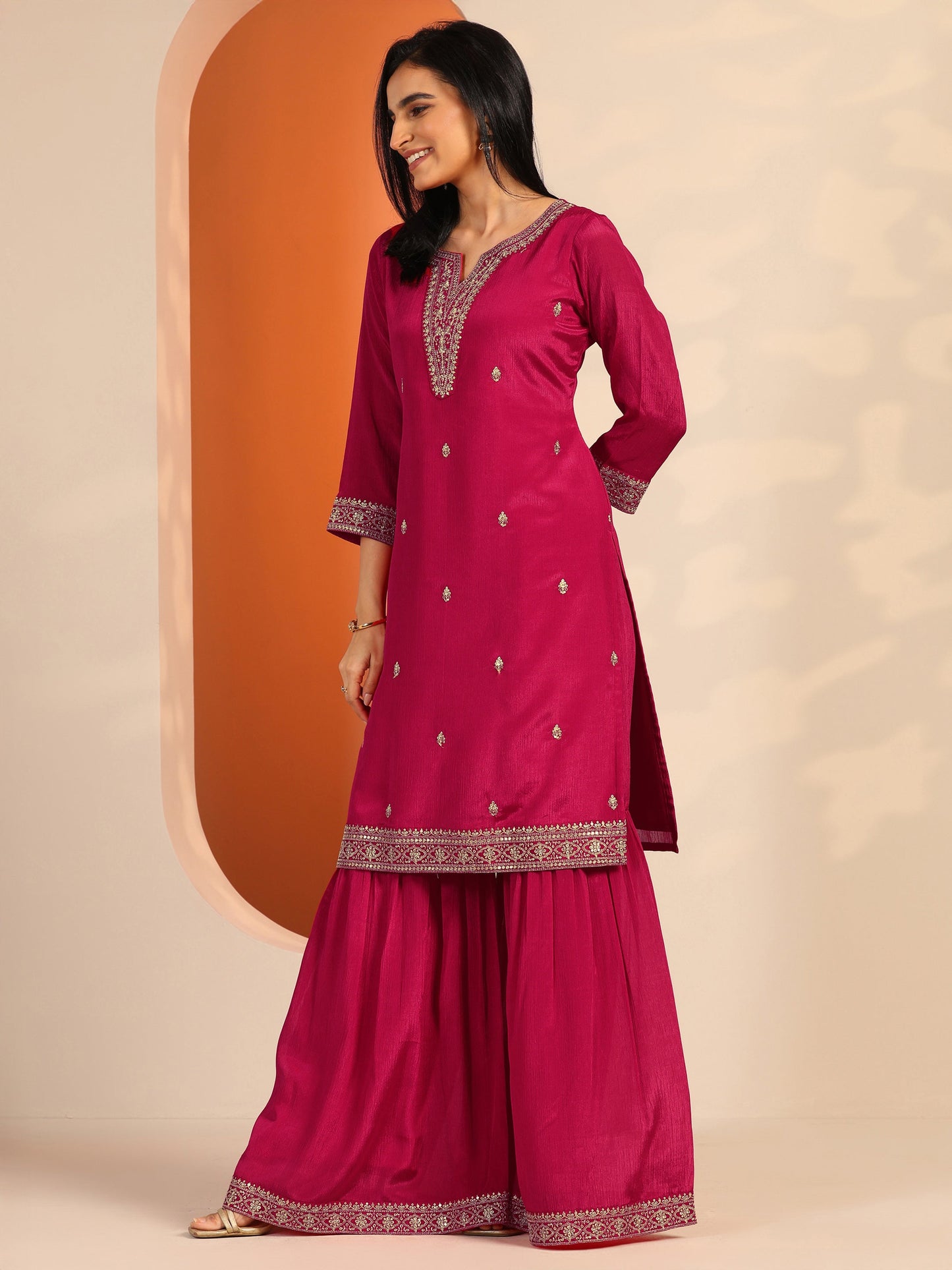 Pink Embroidered Chinon Straight Suit Set With Dupatta