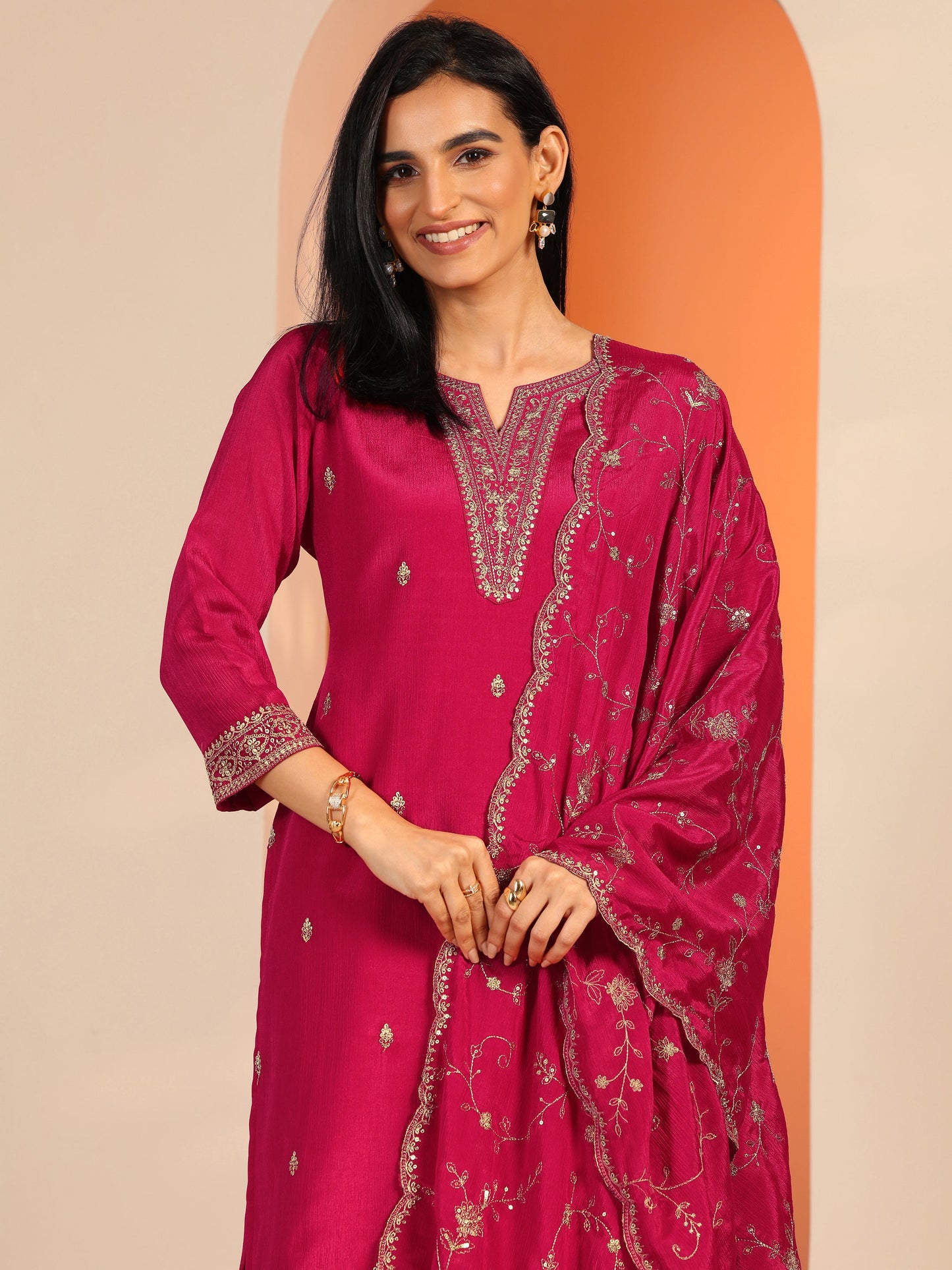 Pink Embroidered Chinon Straight Suit Set With Dupatta