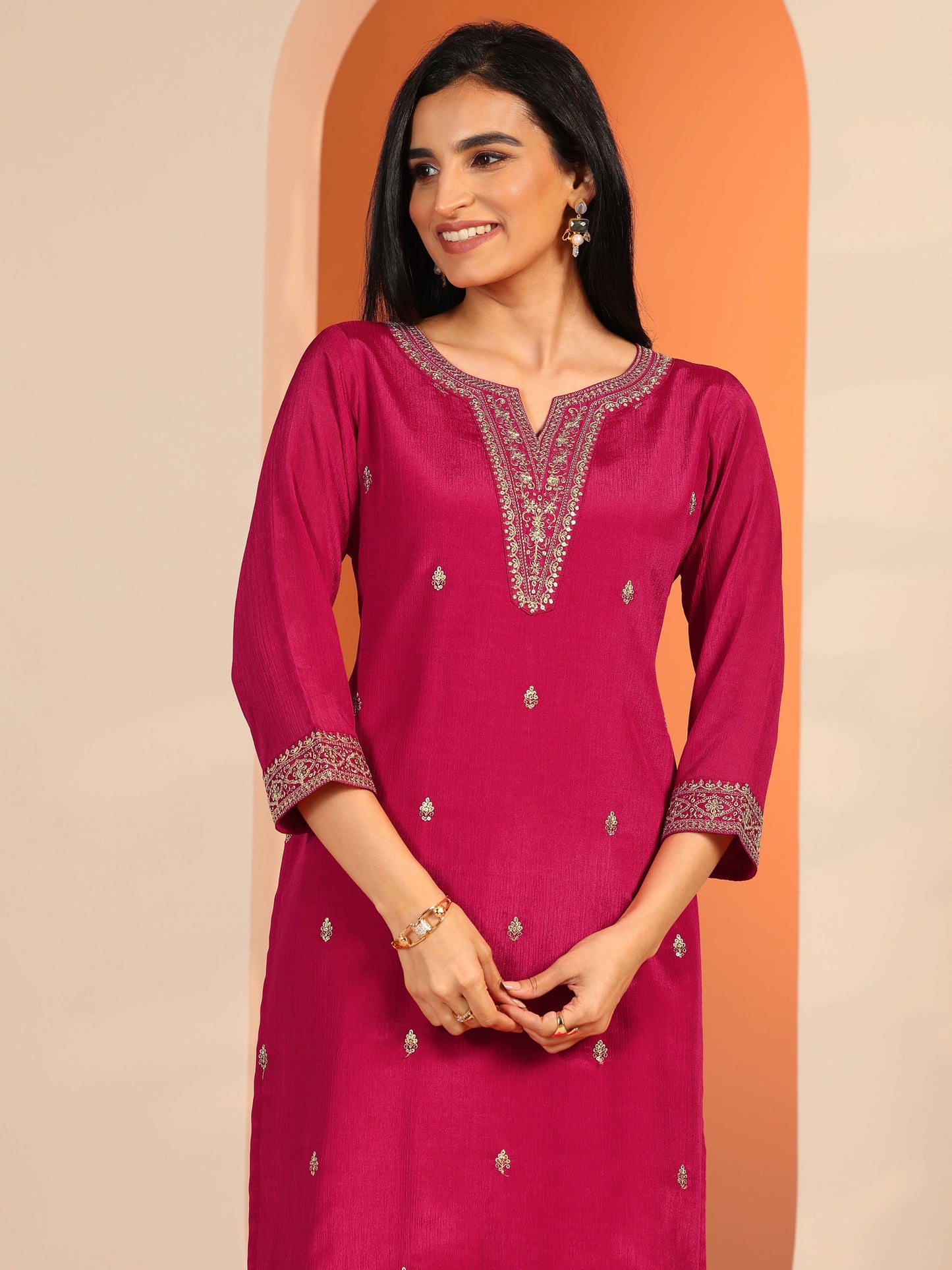 Pink Embroidered Chinon Straight Suit Set With Dupatta