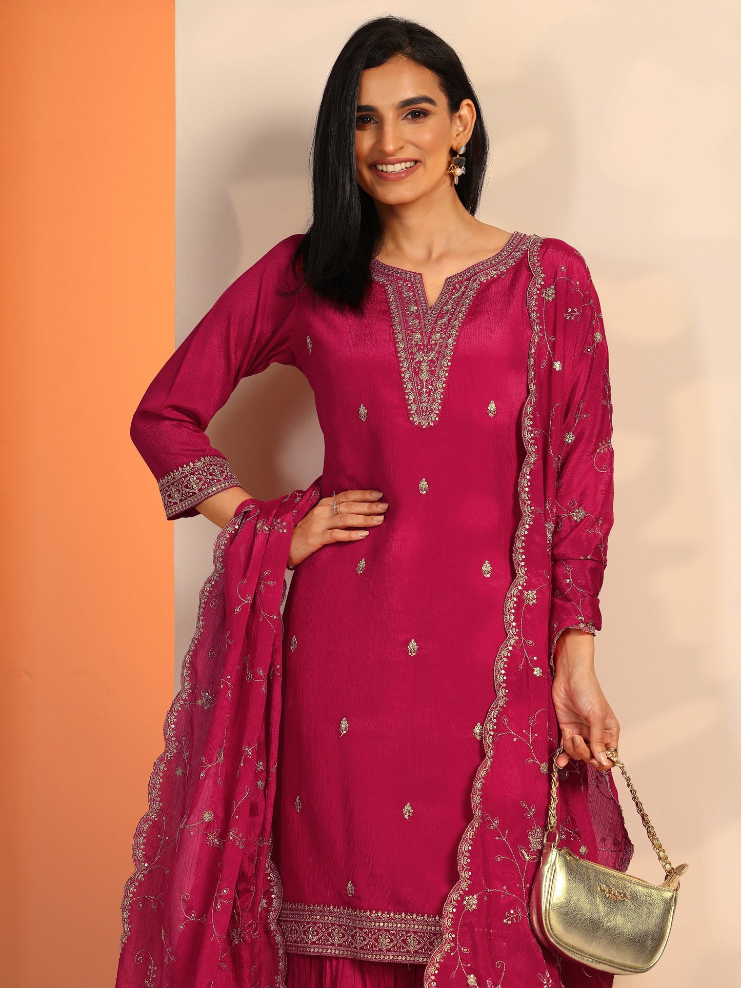 Pink Embroidered Chinon Straight Suit Set With Dupatta