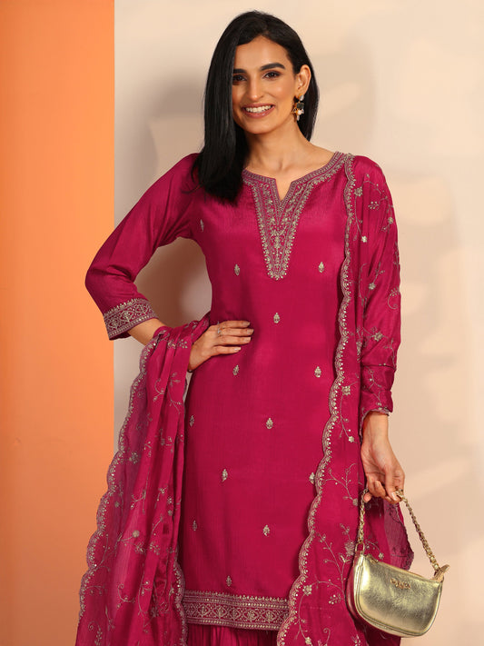 Pink Embroidered Chinon Straight Suit Set With Dupatta