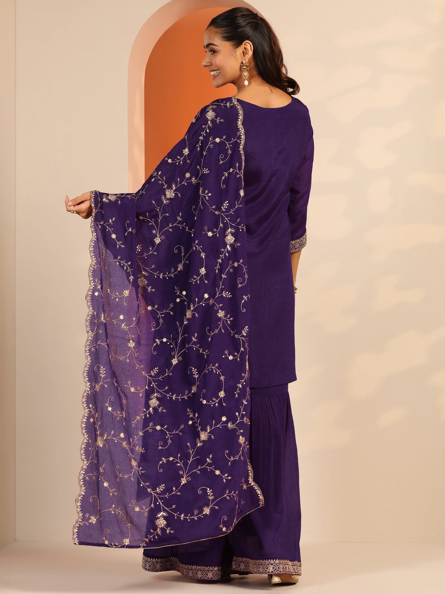 Purple Embroidered Chinon Straight Suit Set With Dupatta