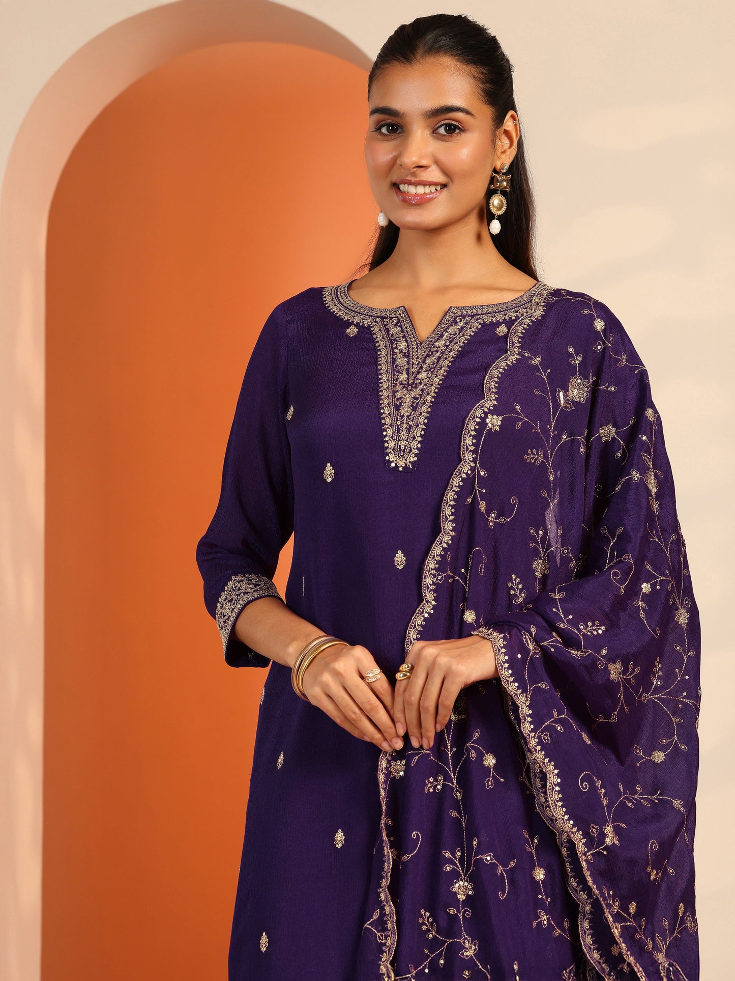 Purple Embroidered Chinon Straight Suit Set With Dupatta