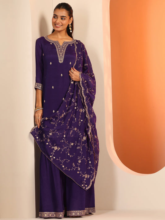 Purple Embroidered Chinon Straight Suit Set With Dupatta