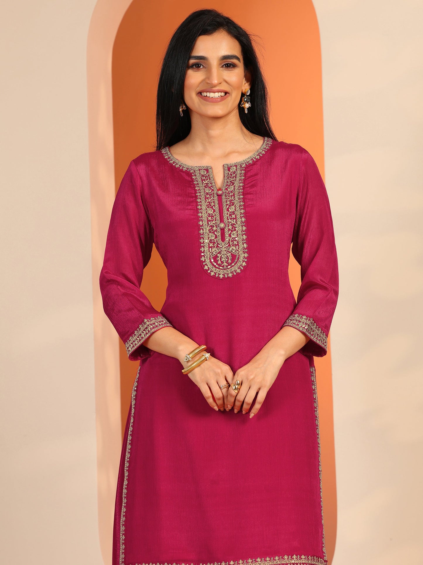 Pink Embellished Chinon Straight Suit Set With Dupatta