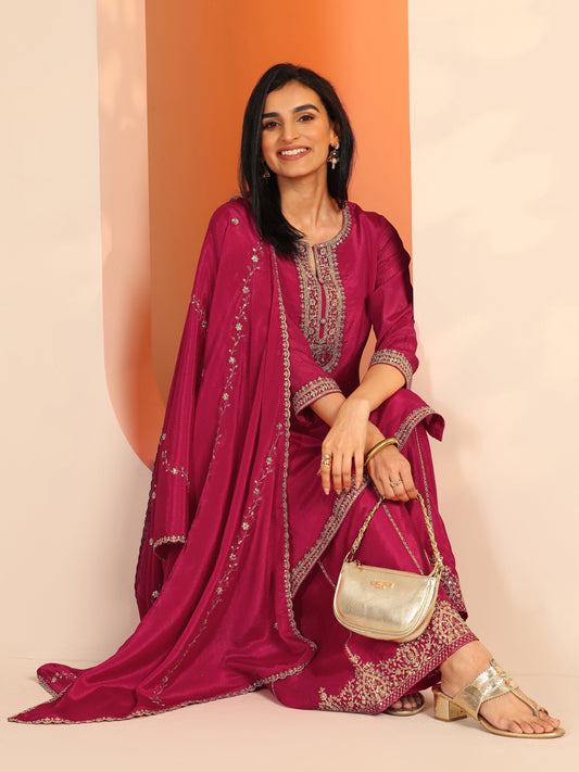 Pink Embellished Chinon Straight Suit Set With Dupatta