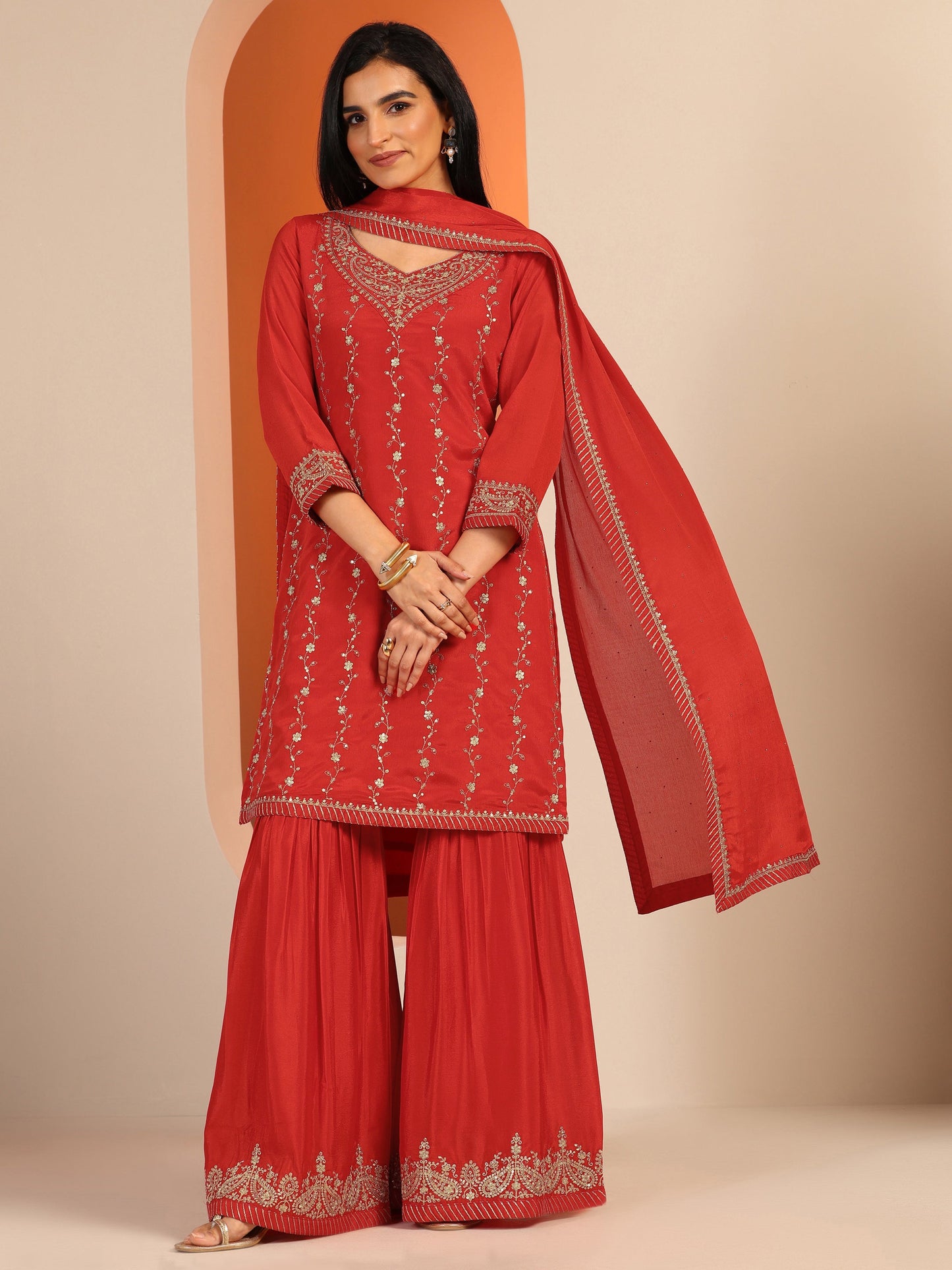 Red Embroidered Chinon Straight Suit Set With Dupatta
