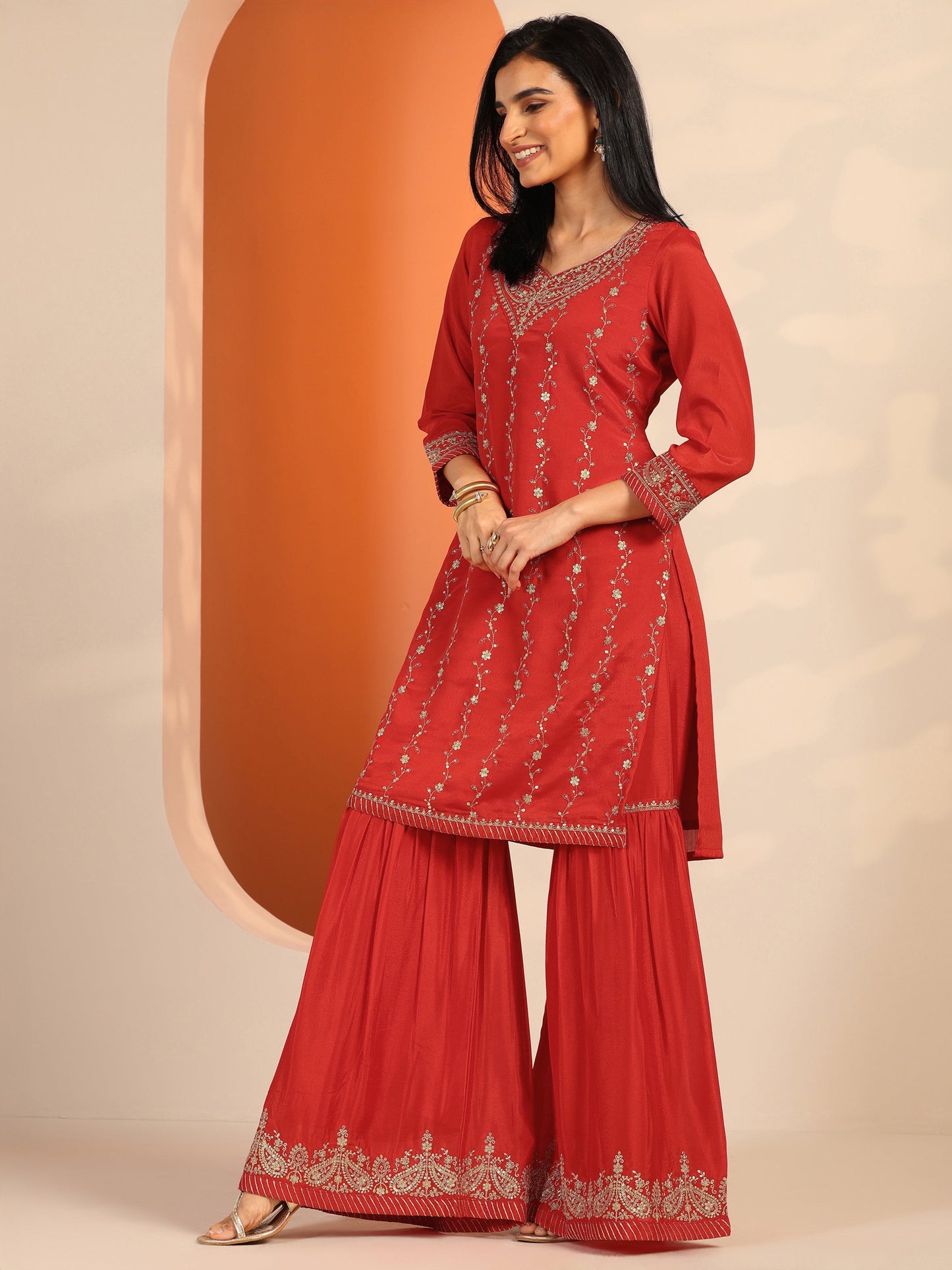 Red Embroidered Chinon Straight Suit Set With Dupatta