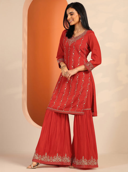 Red Embroidered Chinon Straight Suit Set With Dupatta