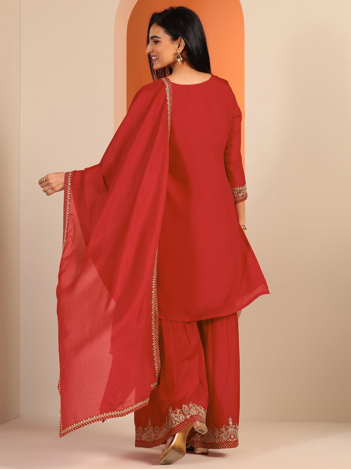 Red Embroidered Chinon Straight Suit Set With Dupatta