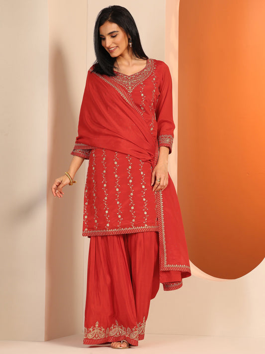 Red Embroidered Chinon Straight Suit Set With Dupatta