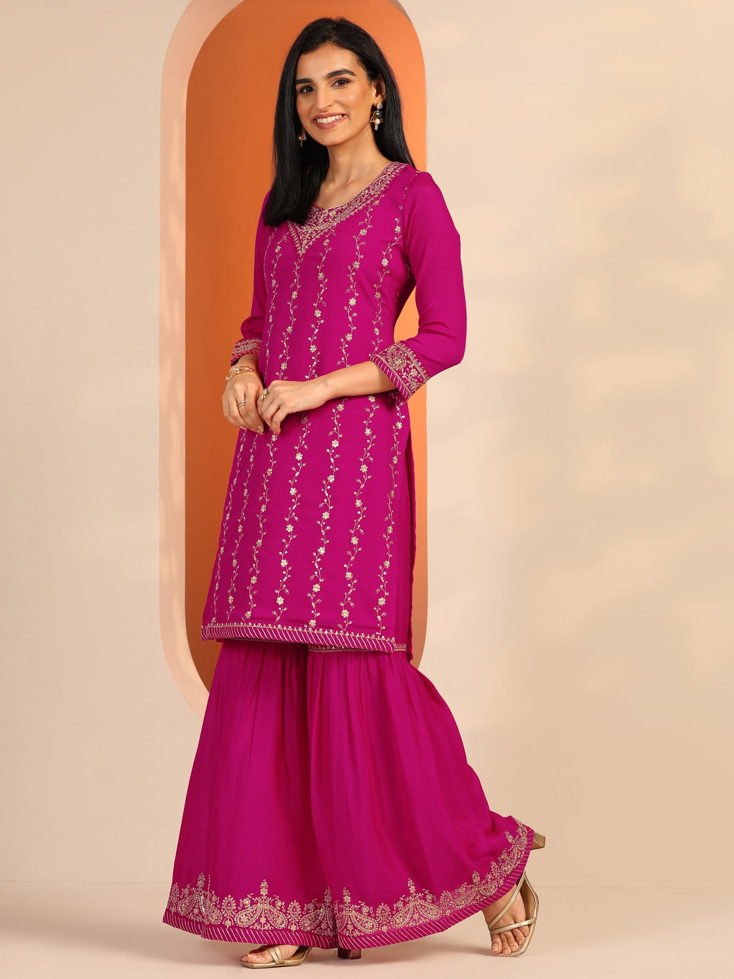 Pink Embroidered Chinon Straight Suit Set With Dupatta