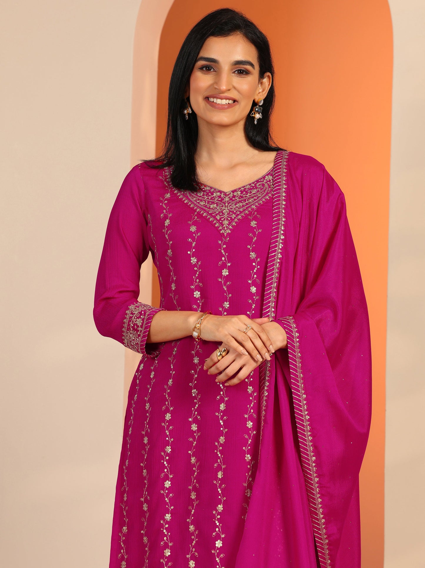 Pink Embroidered Chinon Straight Suit Set With Dupatta