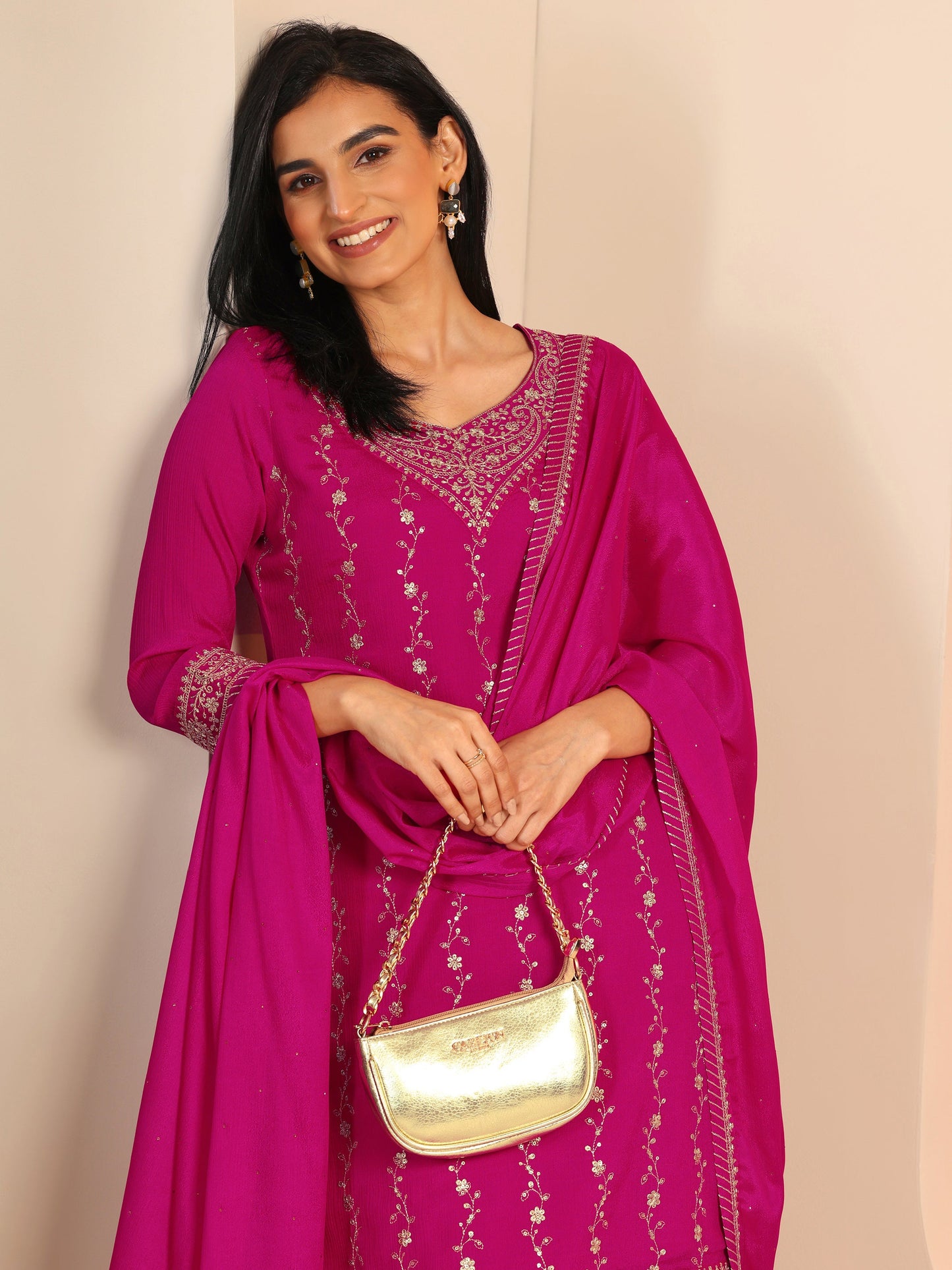 Pink Embroidered Chinon Straight Suit Set With Dupatta