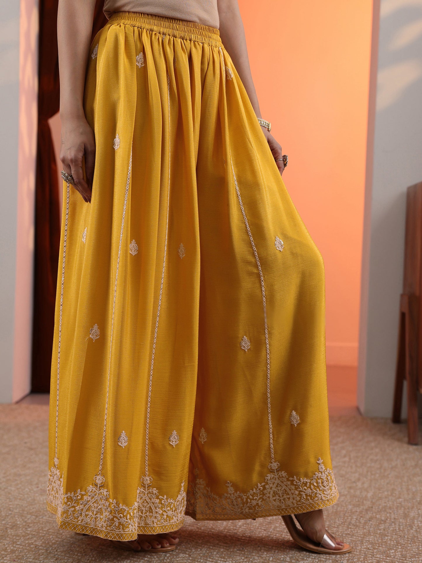 Yellow Embroidered Chinon Straight Suit Set With Dupatta