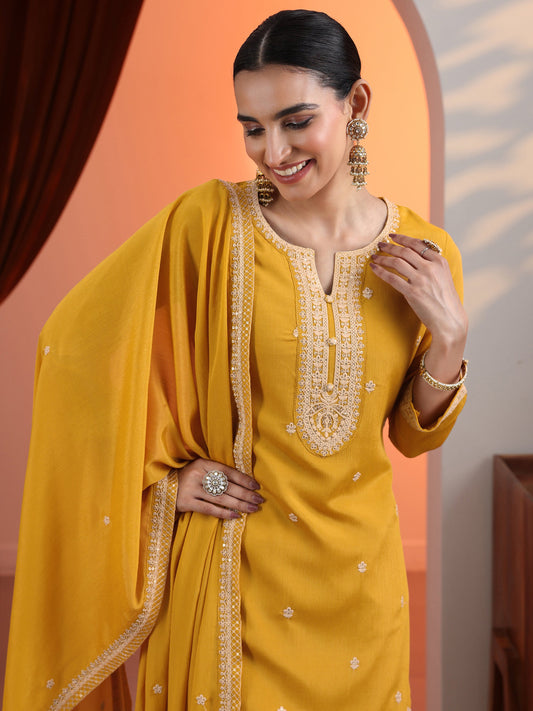 Yellow Embroidered Chinon Straight Suit Set With Dupatta