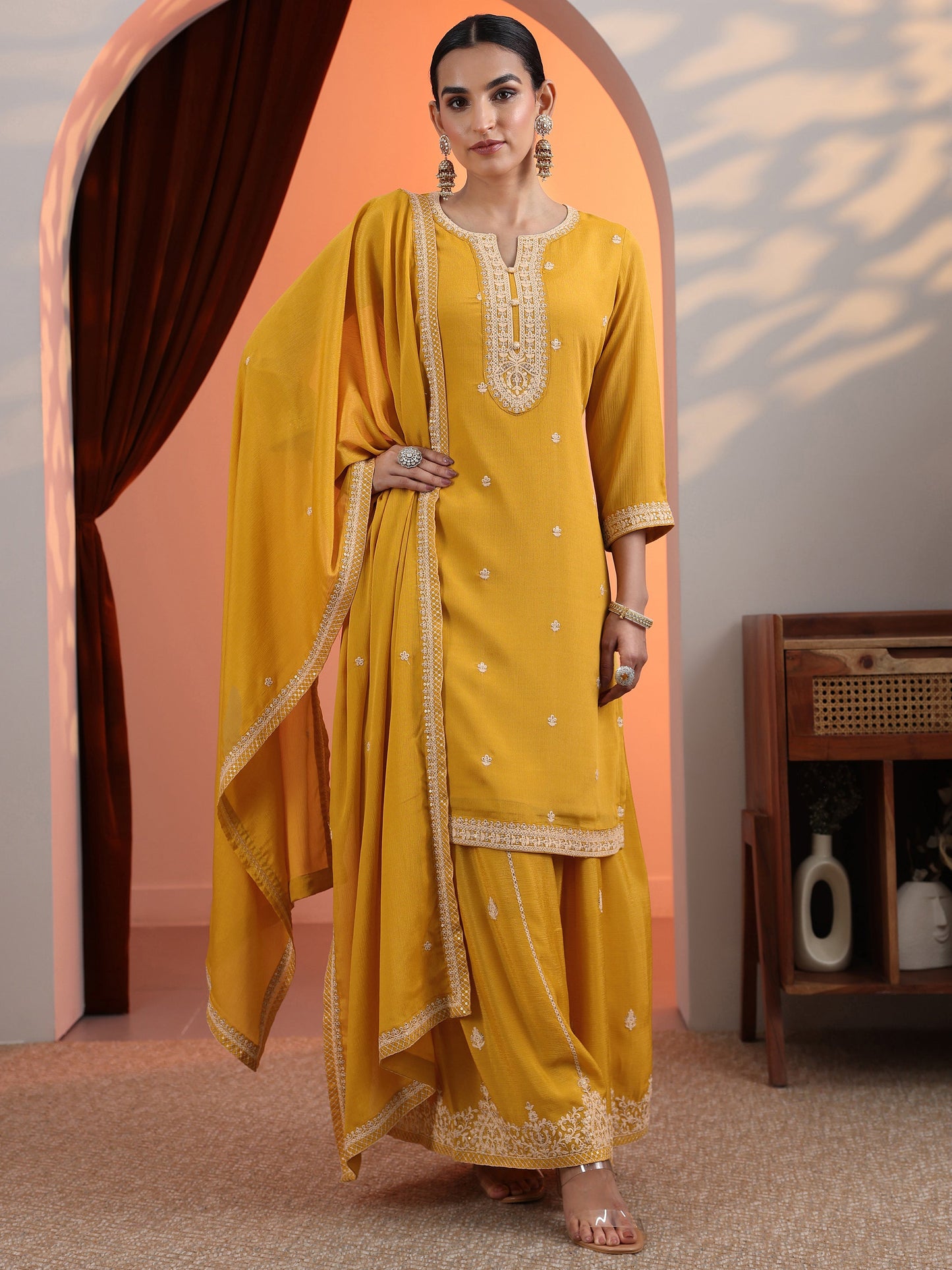 Yellow Embroidered Chinon Straight Suit Set With Dupatta