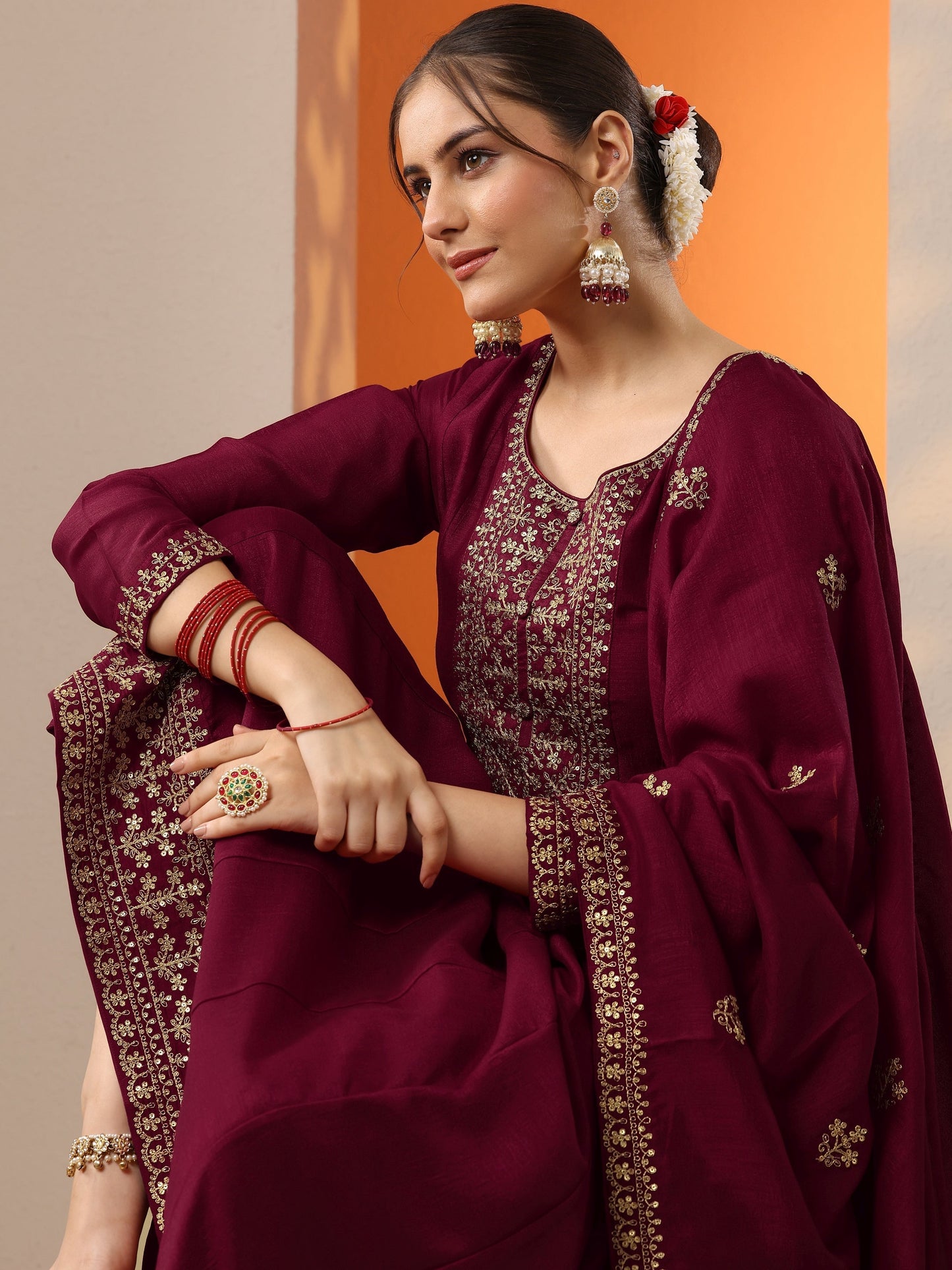 Maroon Embroidered Silk Blend Anarkali Suit Set With Dupatta