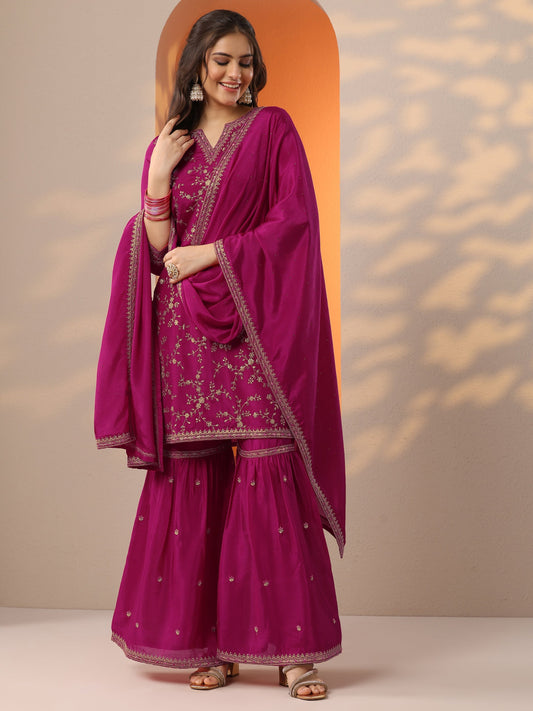 Pink Embroidered Chinon Straight Suit Set With Dupatta