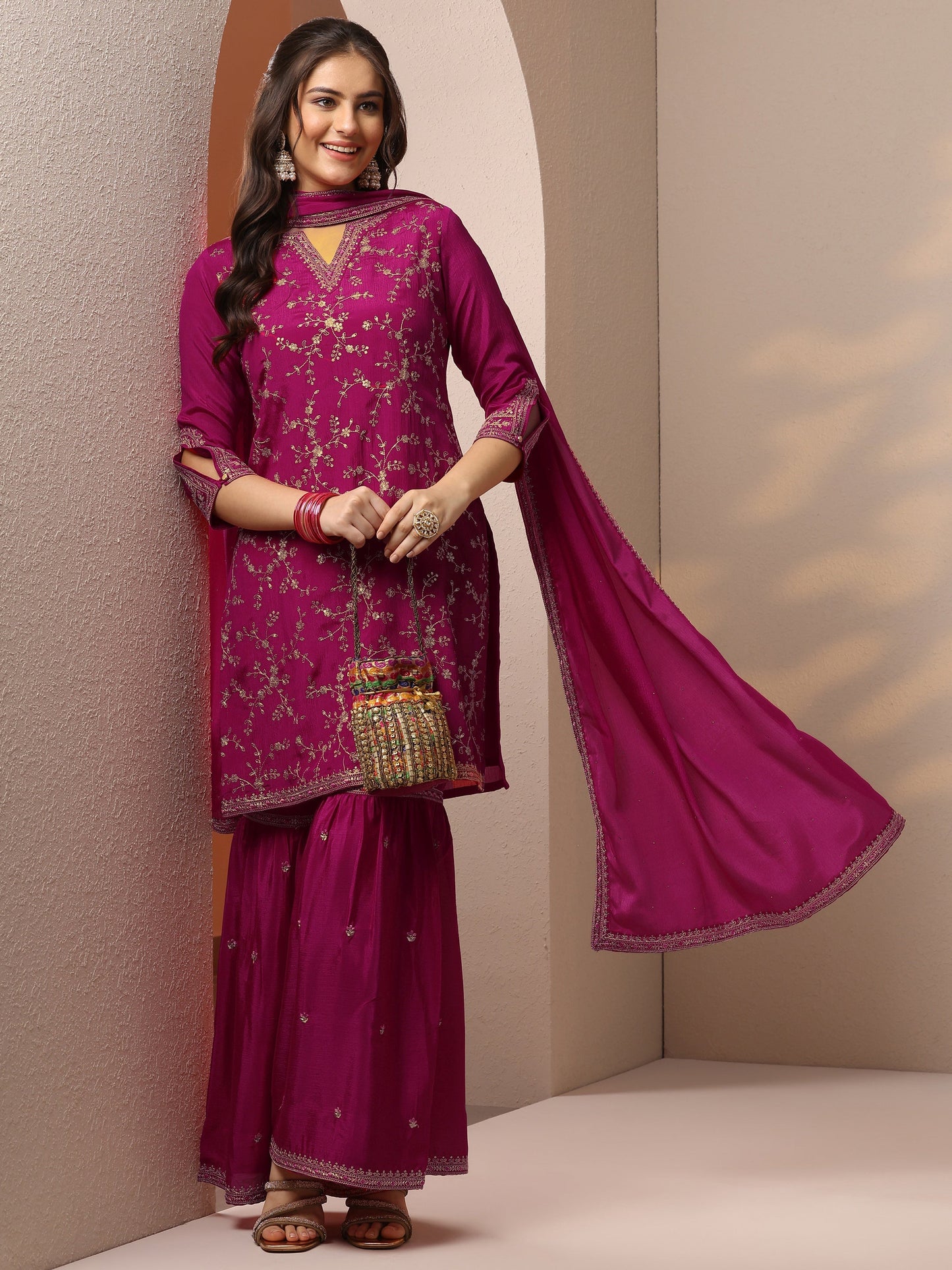 Pink Embroidered Chinon Straight Suit Set With Dupatta