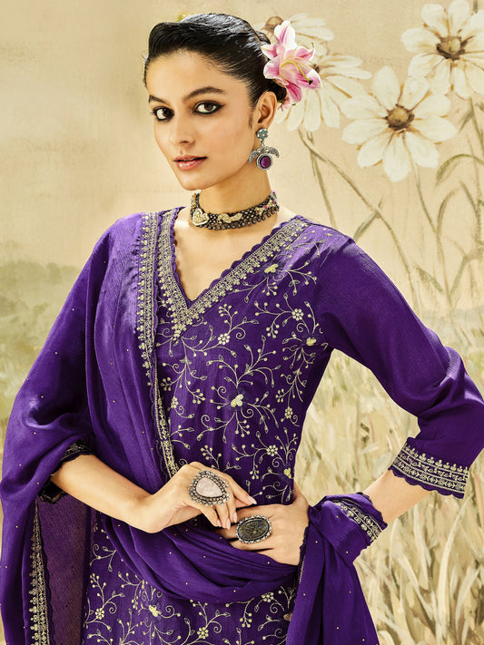 Kamini Purple Embroidered Chinon Straight Sharara Suit Set With Dupatta
