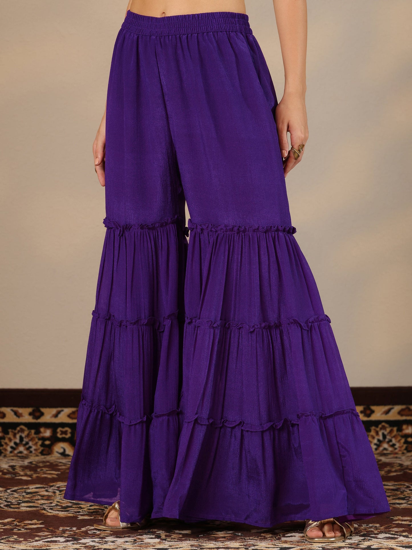 Kamini Purple Embroidered Chinon Straight Sharara Suit Set With Dupatta