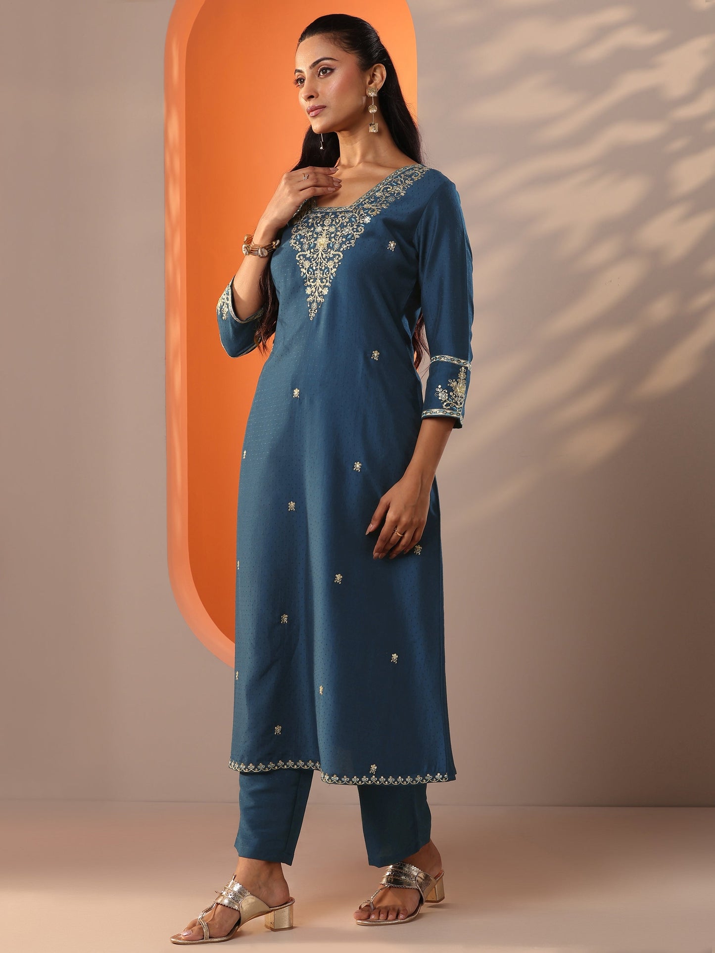 Teal Embroidered Silk Blend Straight Suit Set With Dupatta