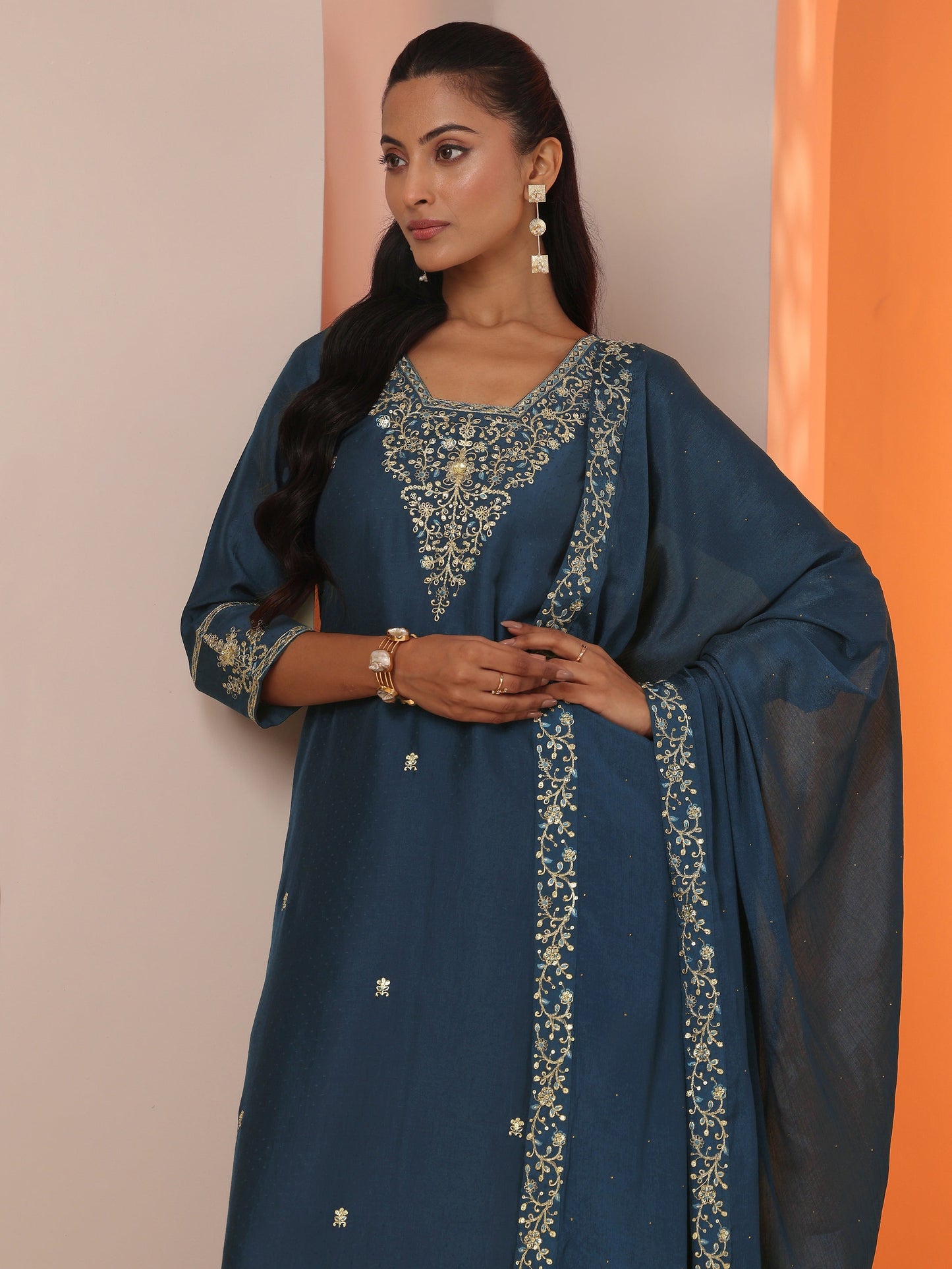 Teal Embroidered Silk Blend Straight Suit Set With Dupatta