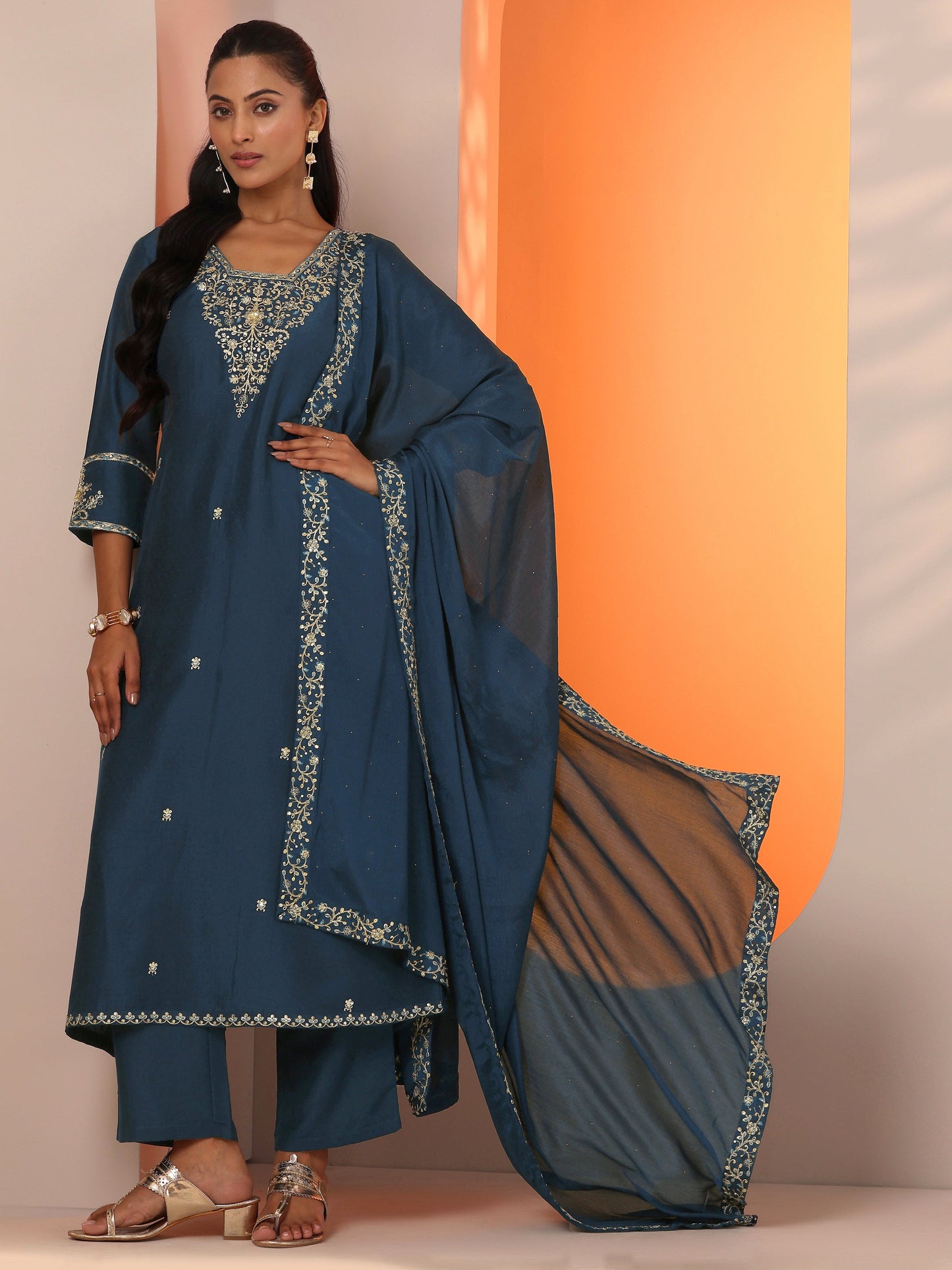 Teal Embroidered Silk Blend Straight Suit Set With Dupatta