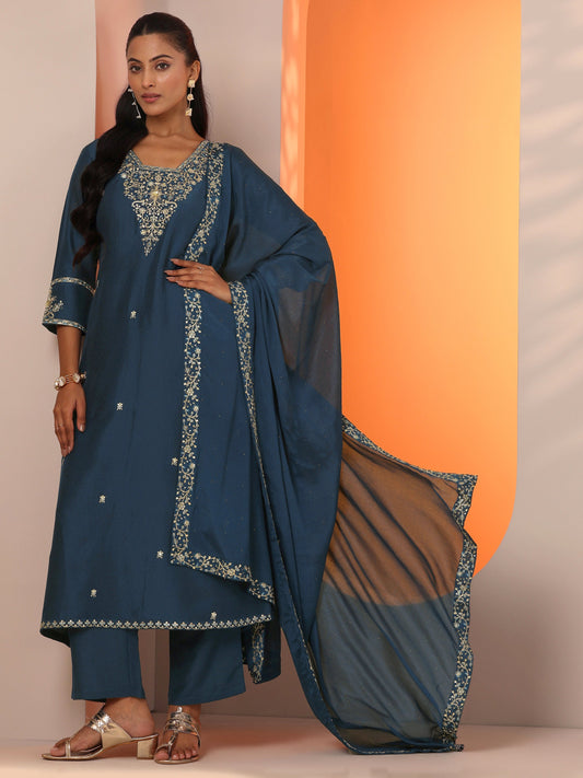 Teal Embroidered Silk Blend Straight Suit Set With Dupatta