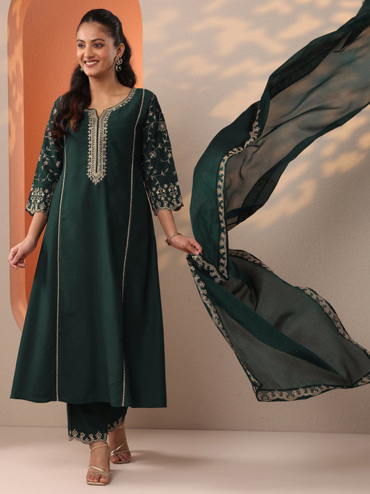 Green Embroidered Silk Blend A-Line Suit Set With Dupatta