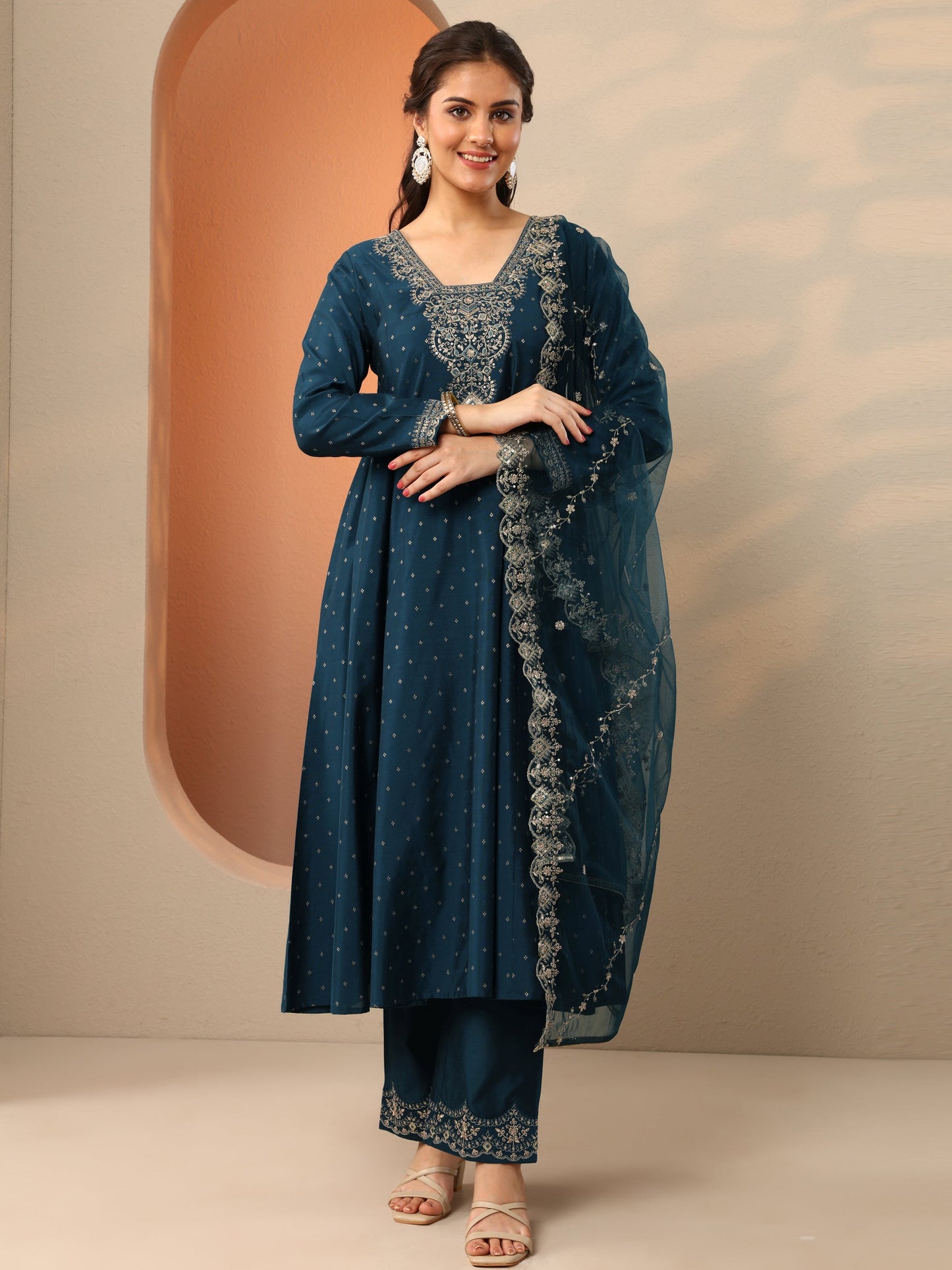 Navy Blue Embroidered Silk Blend Anarkali Suit Set With Dupatta