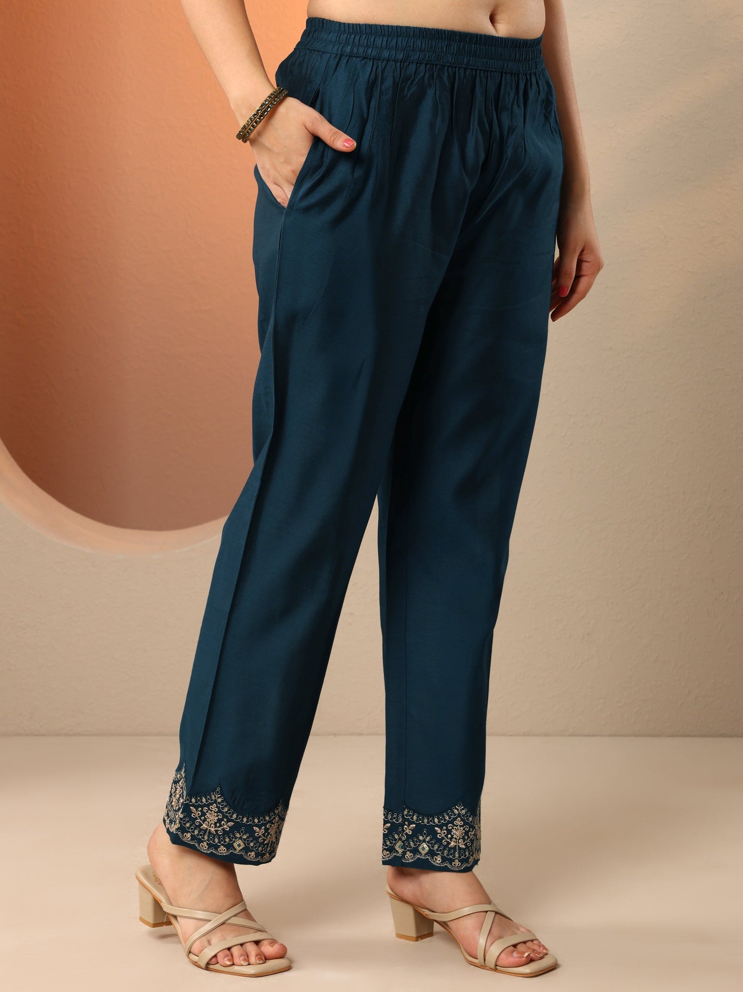 Navy Blue Embroidered Silk Blend Anarkali Suit Set With Dupatta