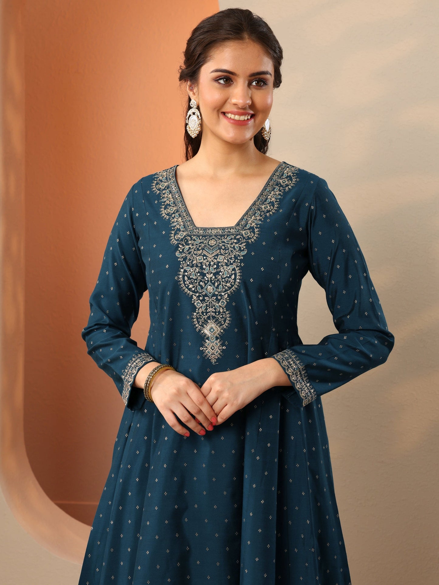 Navy Blue Embroidered Silk Blend Anarkali Suit Set With Dupatta