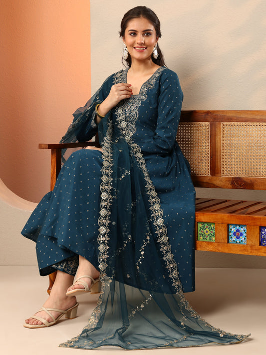 Navy Blue Embroidered Silk Blend Anarkali Suit Set With Dupatta