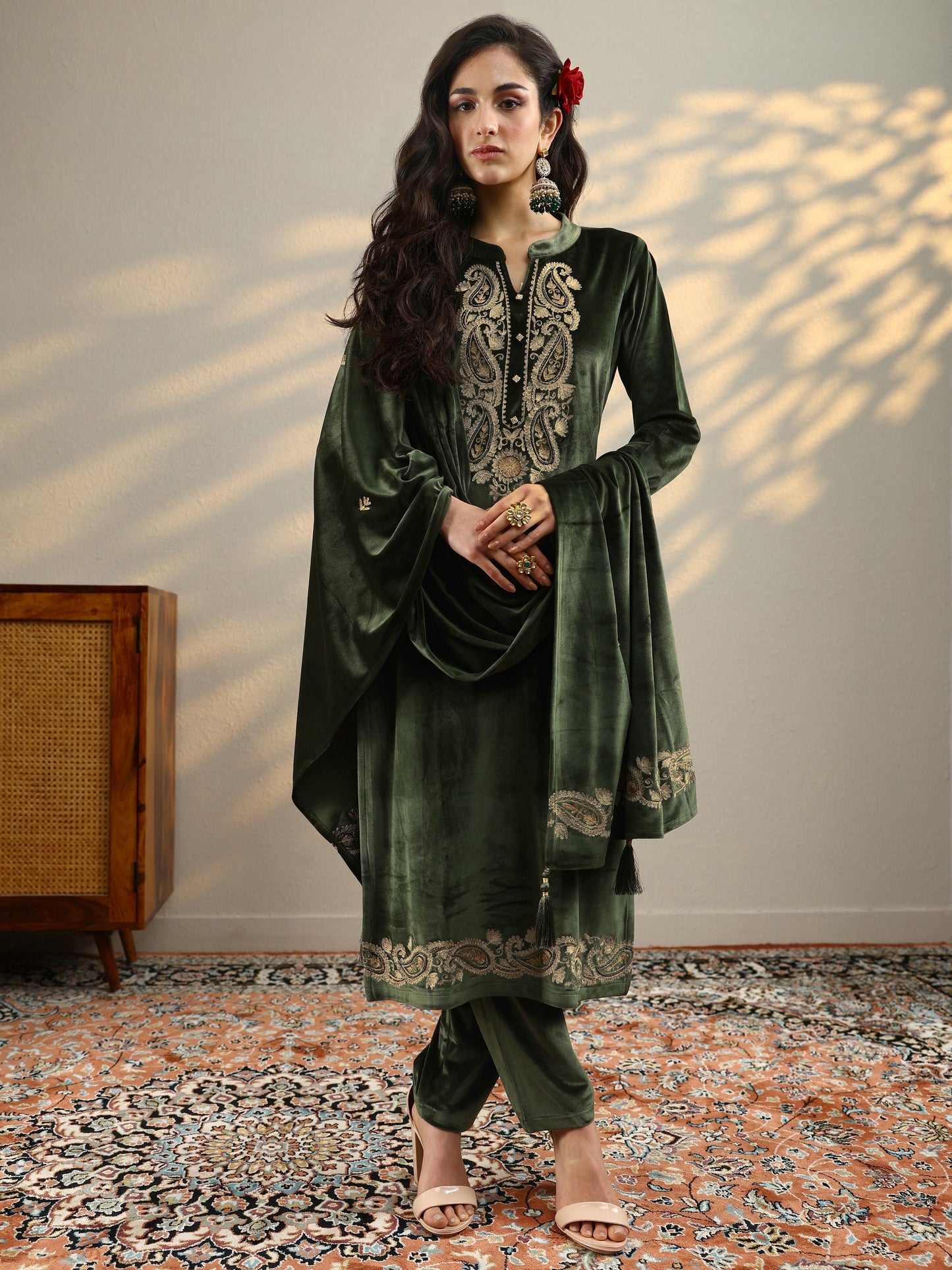 Olive Yoke Design Velvet Straight Suit Set With Dupatta