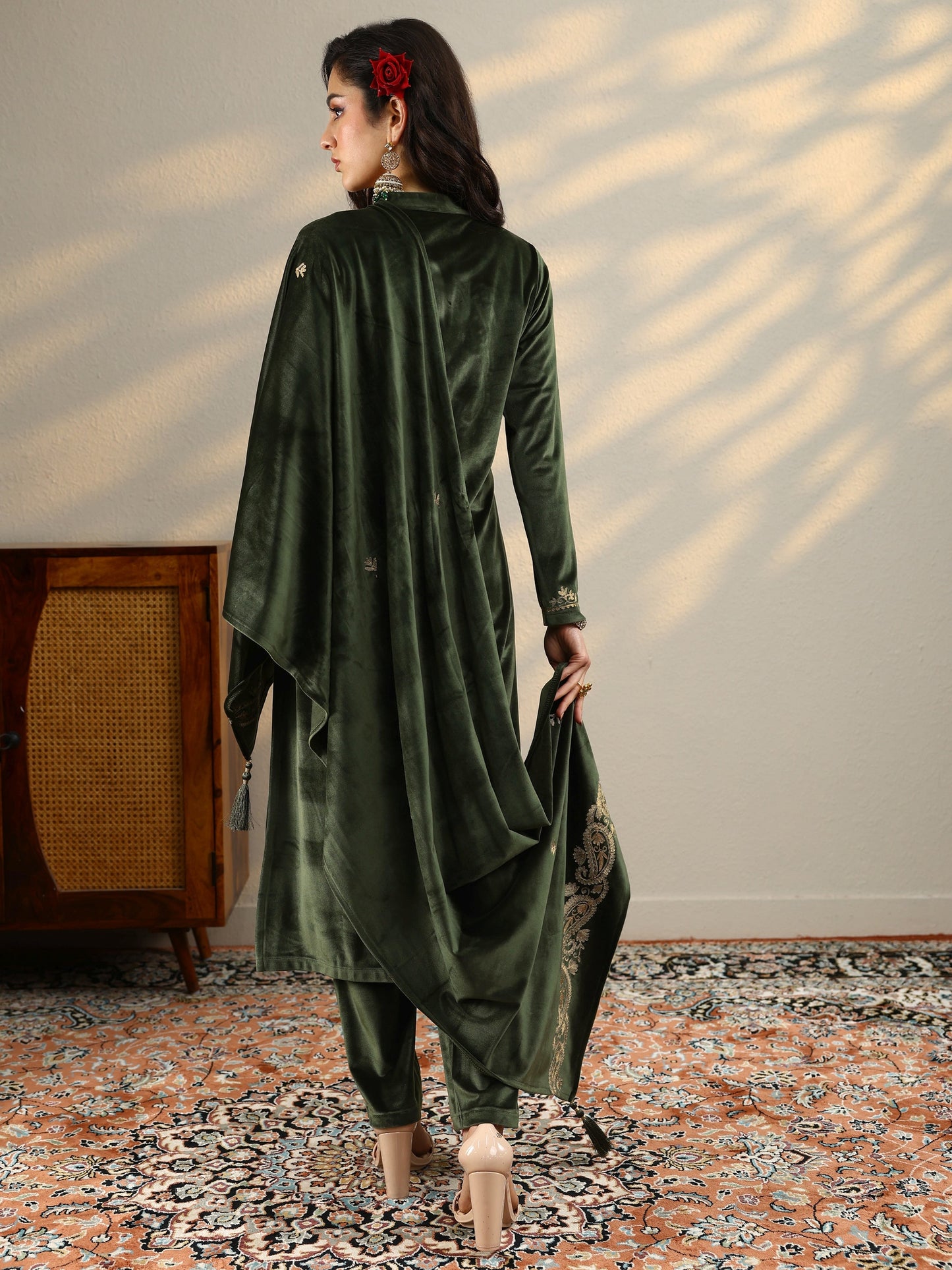 Olive Yoke Design Velvet Straight Suit Set With Dupatta
