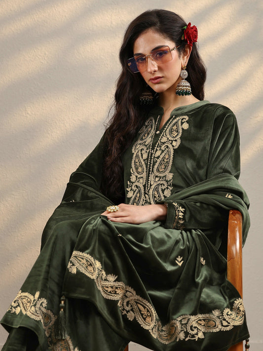 Olive Yoke Design Velvet Straight Suit Set With Dupatta