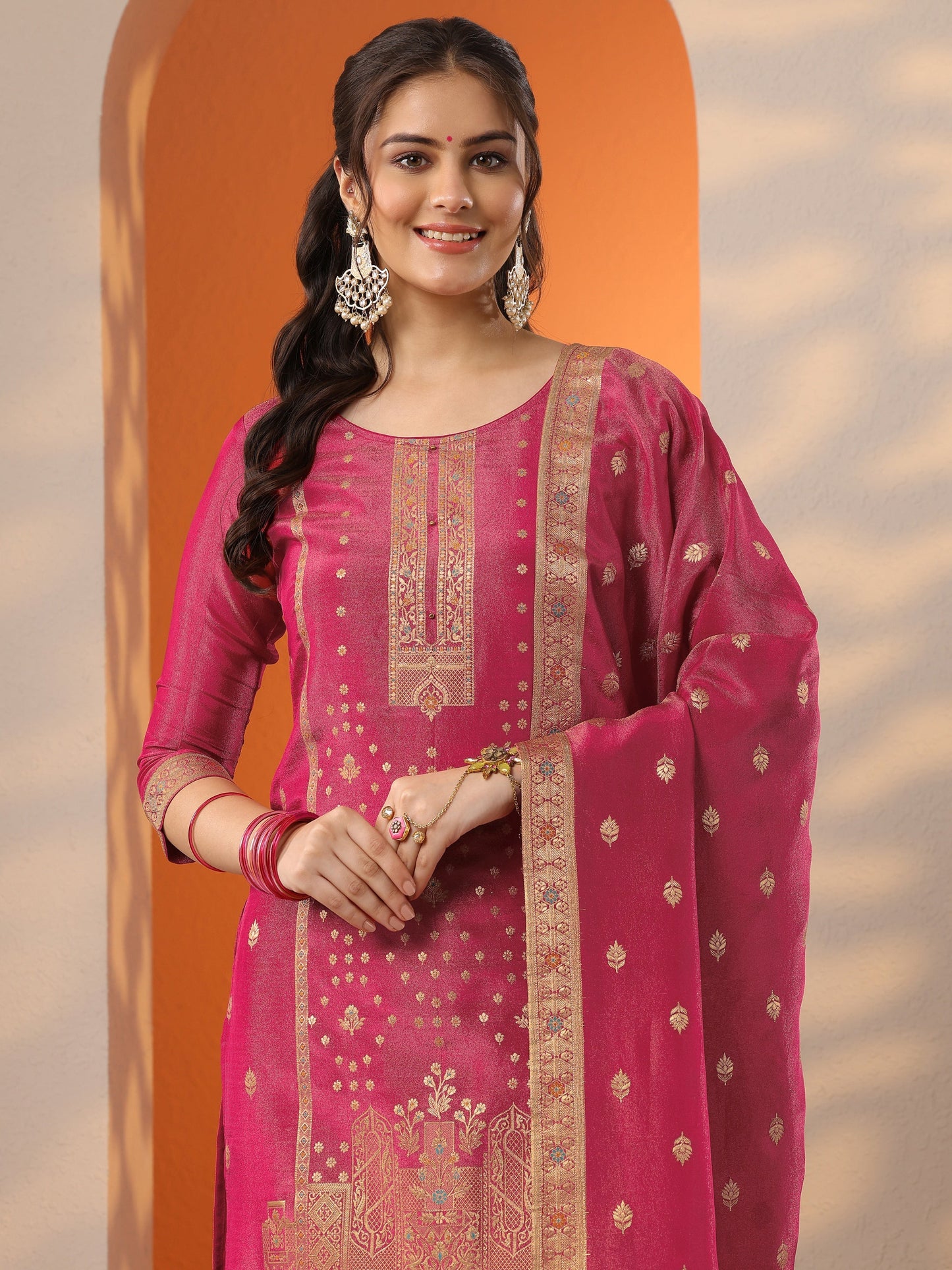 Libas Art Pink Woven Design Silk Blend Straight Suit Set With Dupatta