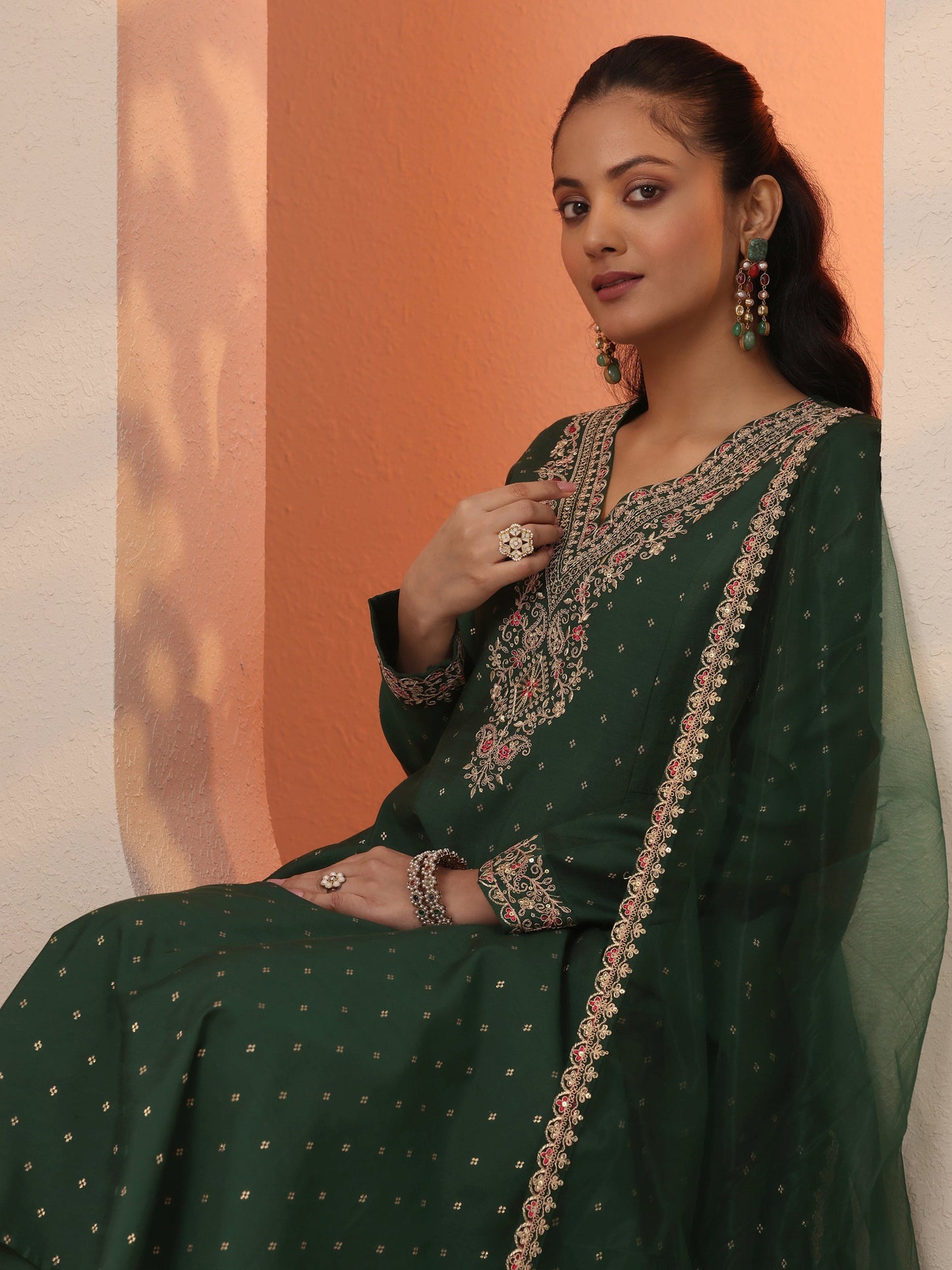 Green Embroidered Silk Blend Anarkali Suit Set With Dupatta