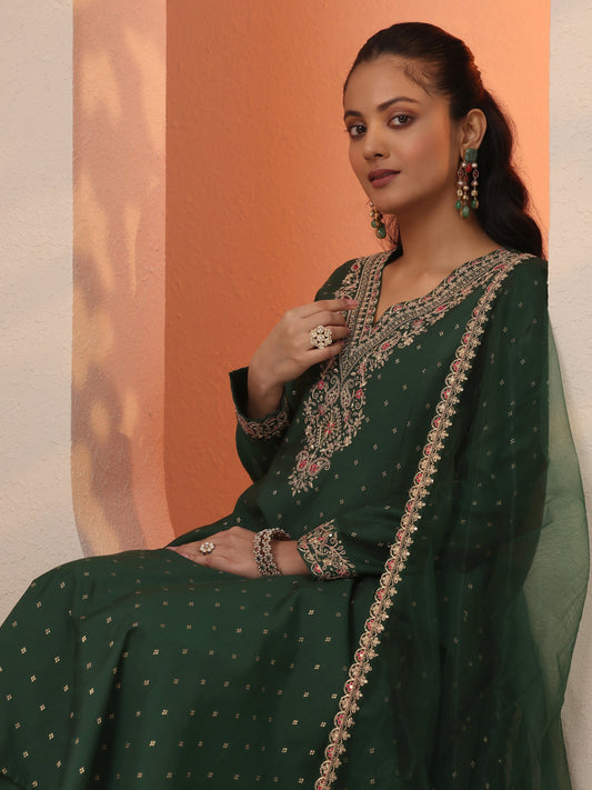 Green Embroidered Silk Blend Anarkali Suit Set With Dupatta