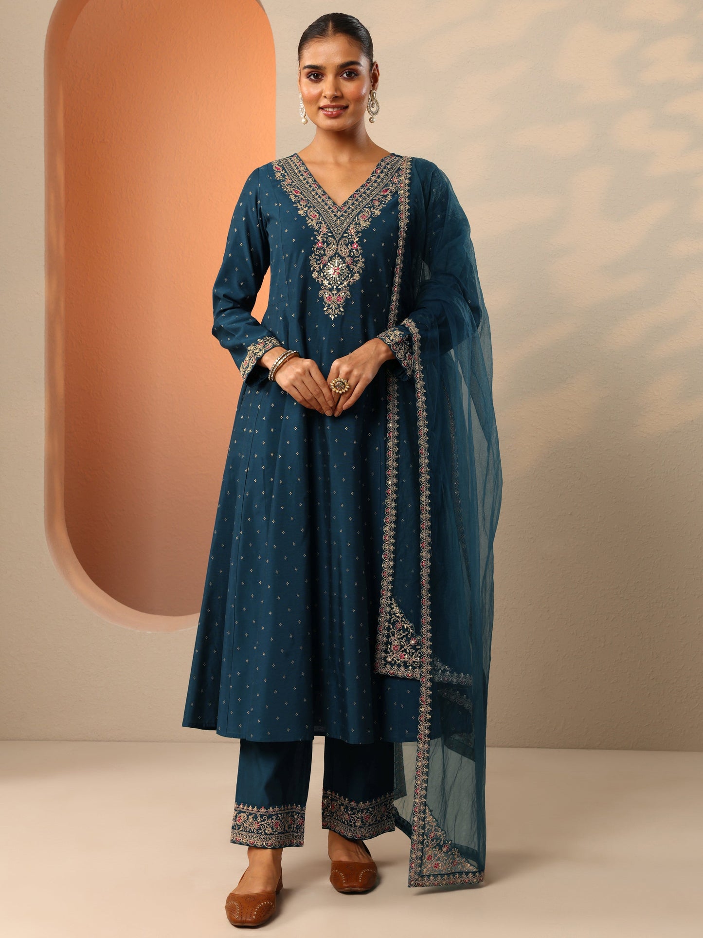 Navy Blue Embroidered Silk Blend Anarkali Suit Set With Dupatta