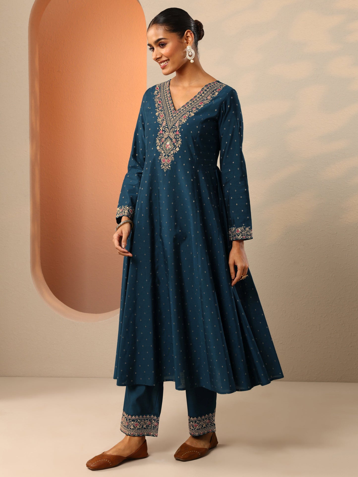 Navy Blue Embroidered Silk Blend Anarkali Suit Set With Dupatta