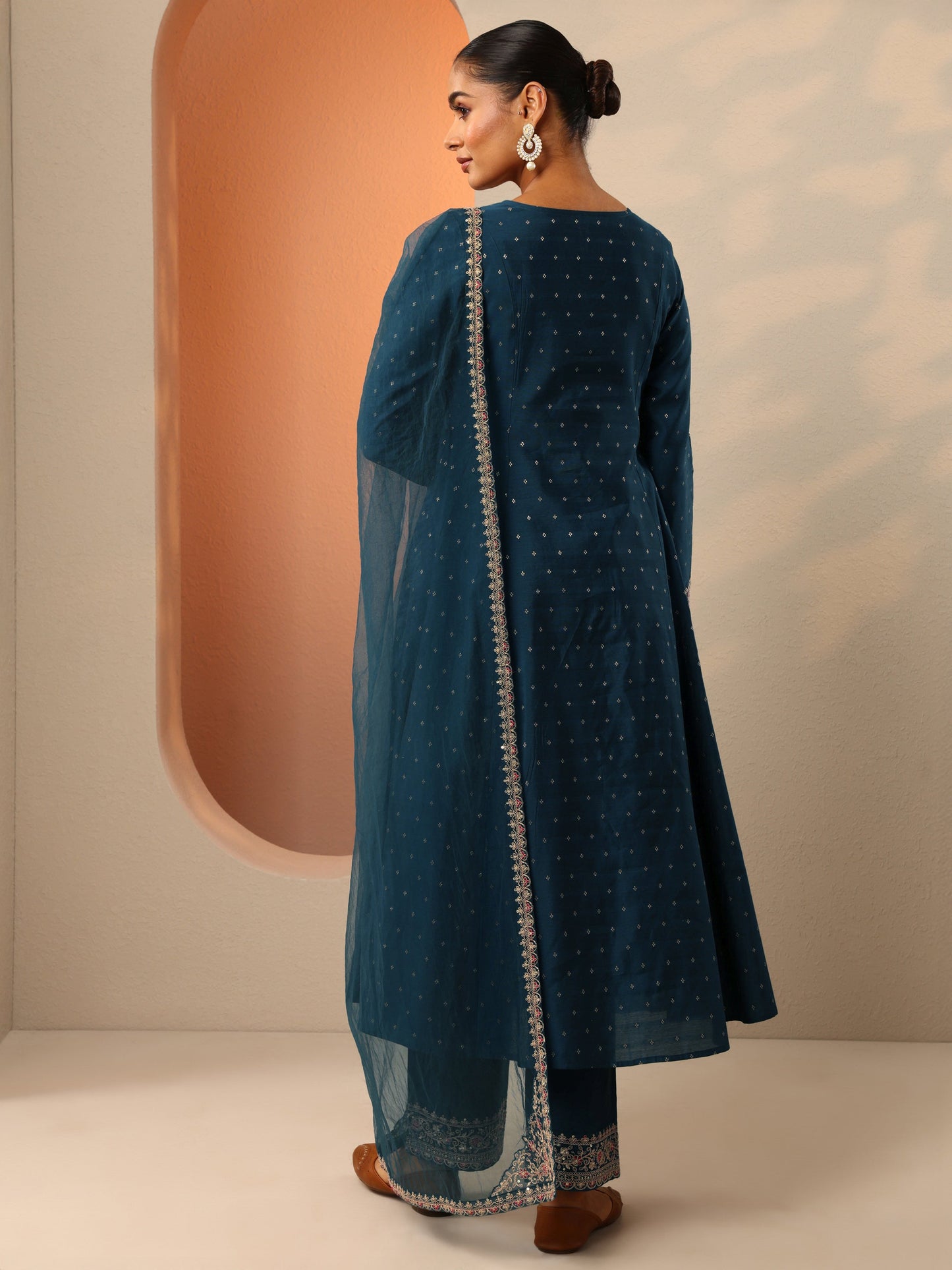 Navy Blue Embroidered Silk Blend Anarkali Suit Set With Dupatta