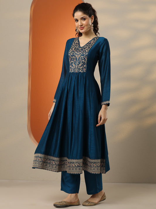 Navy Blue Embroidered Silk Blend  A-Line Suit Set With Dupatta