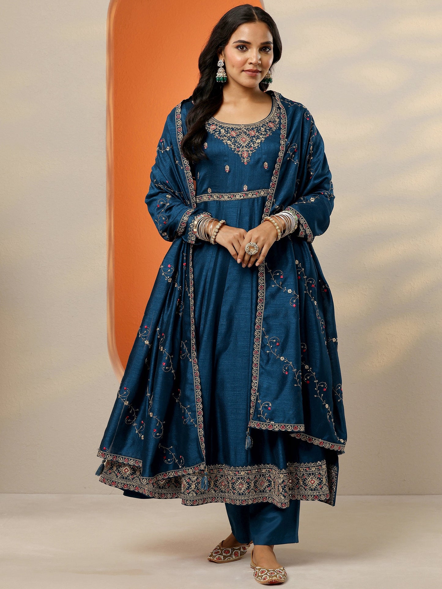 Navy Blue Yoke Design Silk Blend Anarkali Suit Set With Dupatta