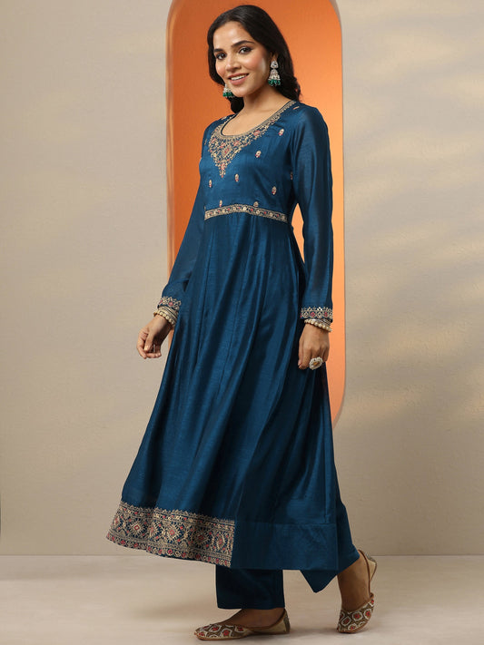 Navy Blue Yoke Design Silk Blend Anarkali Suit Set With Dupatta