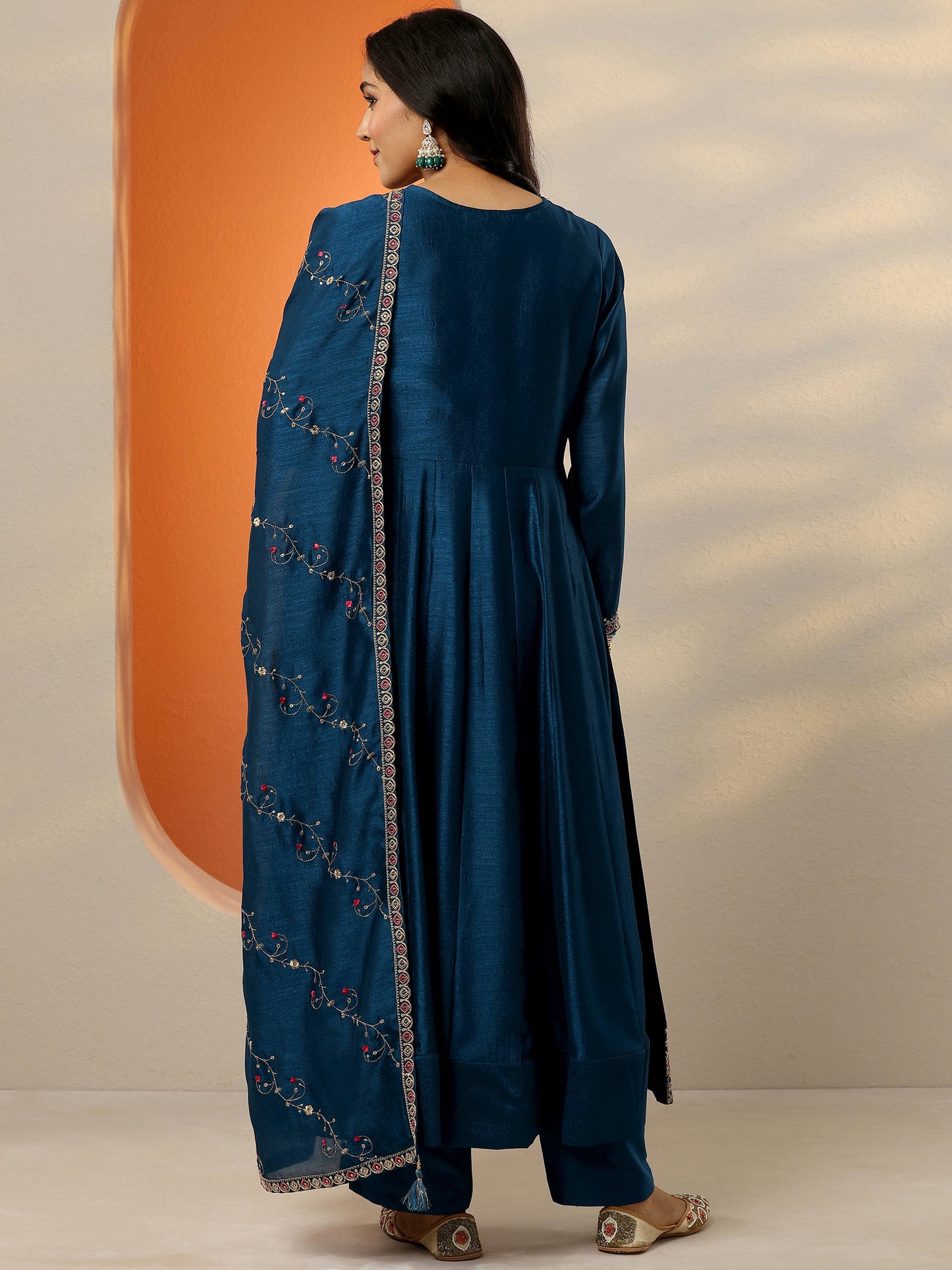 Navy Blue Yoke Design Silk Blend Anarkali Suit Set With Dupatta