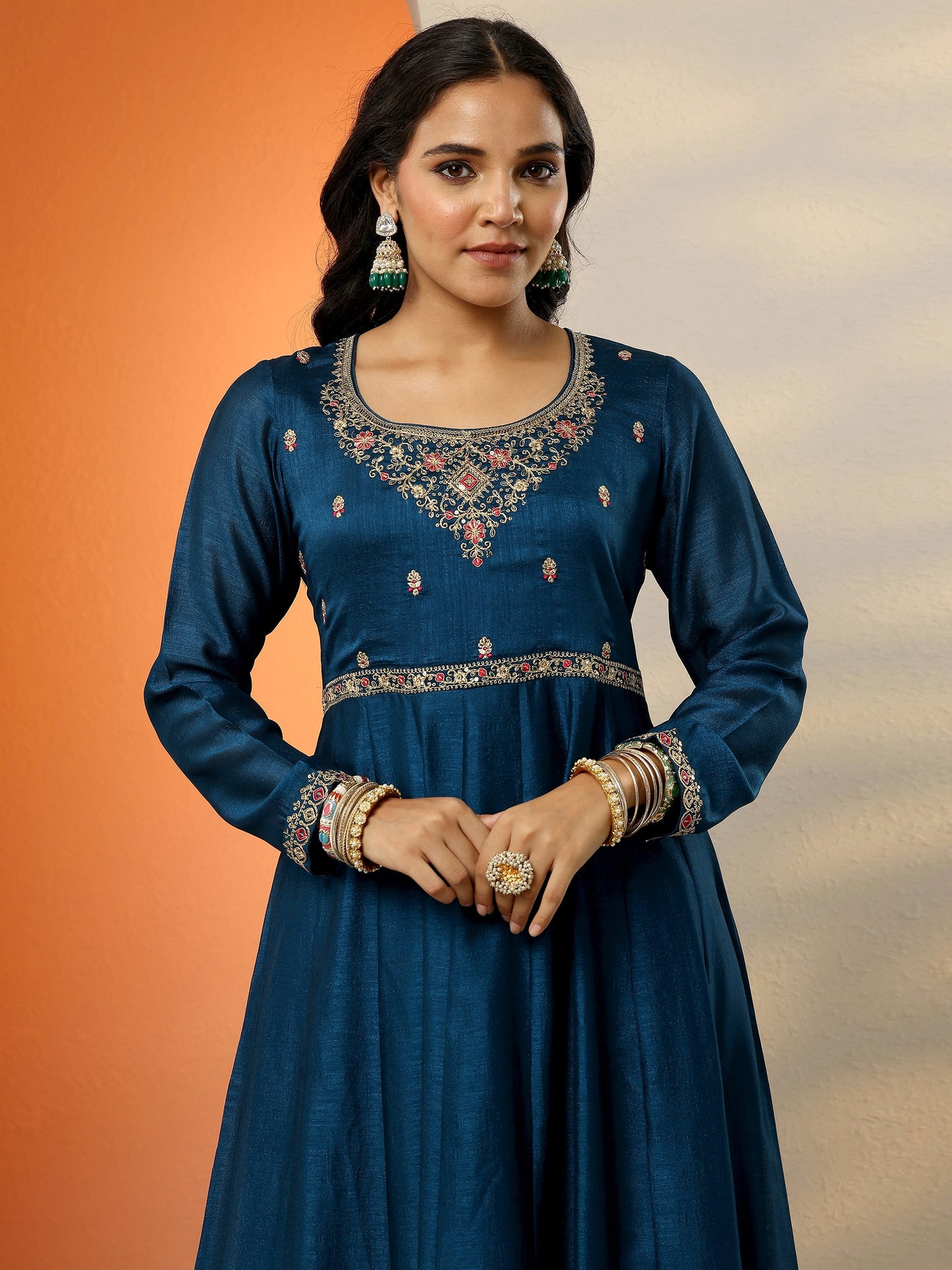 Navy Blue Yoke Design Silk Blend Anarkali Suit Set With Dupatta