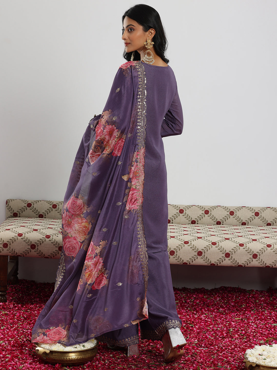 Purple Embroidered Silk Blend Straight Suit With Dupatta